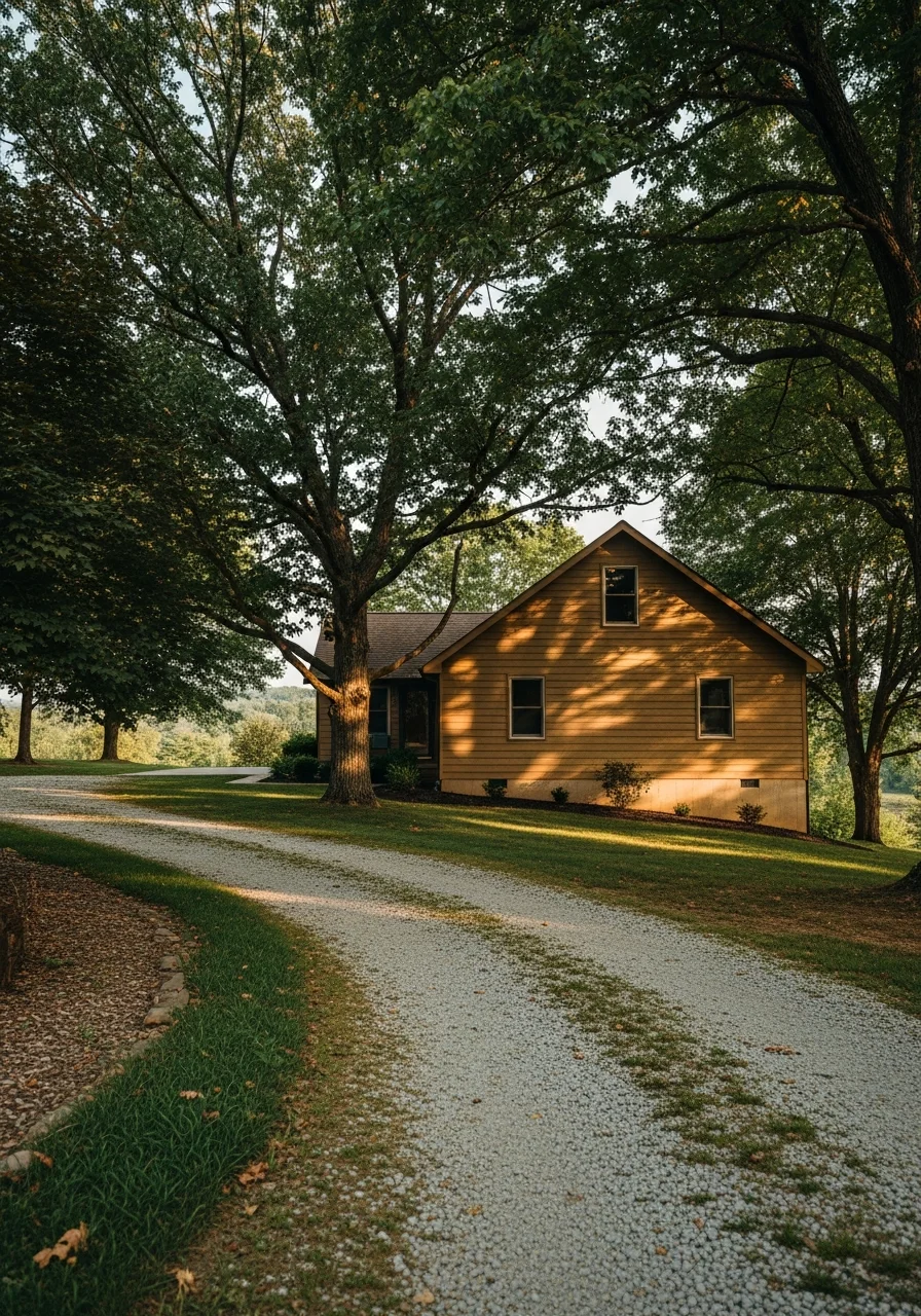 Detail shot of a rural Albany home with mature shade trees and a gravel driveway typical of the area.