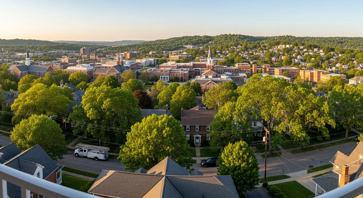 Panoramic view of Athens with Ohio University campus buildings and residential neighborhoods nestled among mature trees.
