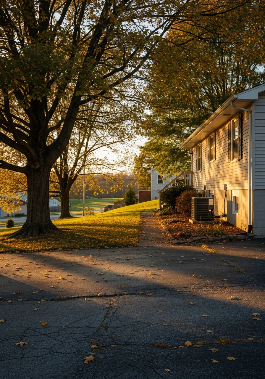 Close-up of a residential property in Logan with mature trees and a sloped driveway typical of the region's terrain.
