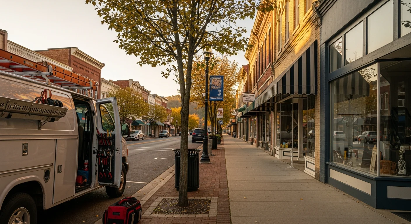 Wide view of Logan's downtown area with historic storefronts and tree-lined streets, showing the rural character of Hocking County.