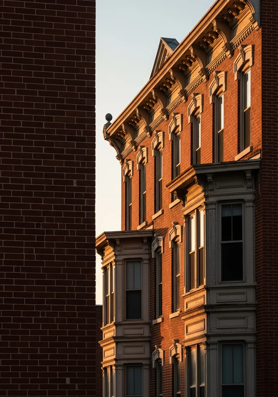 Detail of a historic Nelsonville brick home with period windows and architectural details preserved.