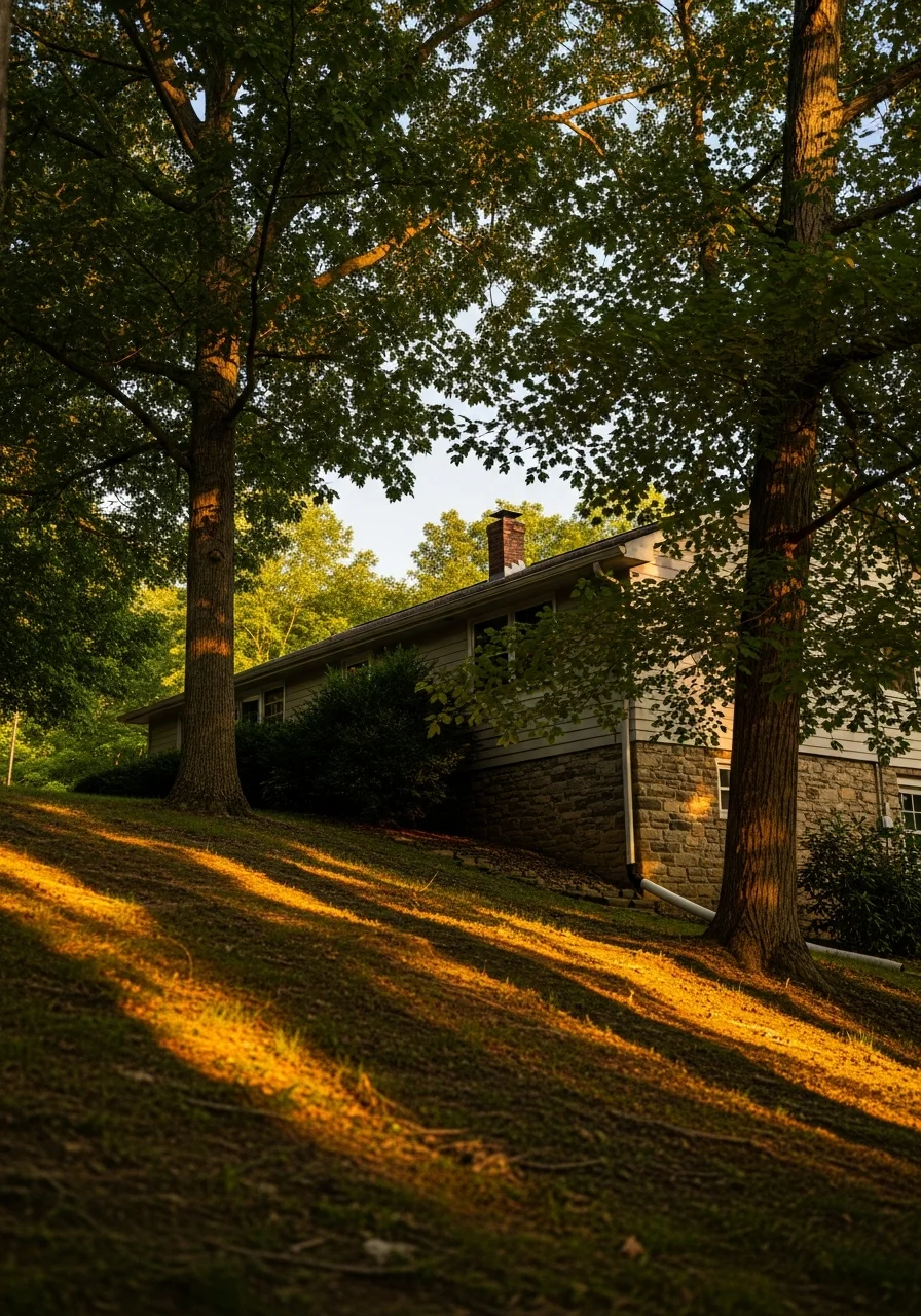 Close-up of a Pomeroy residential property on a hillside with mature trees and a sloped terrain.