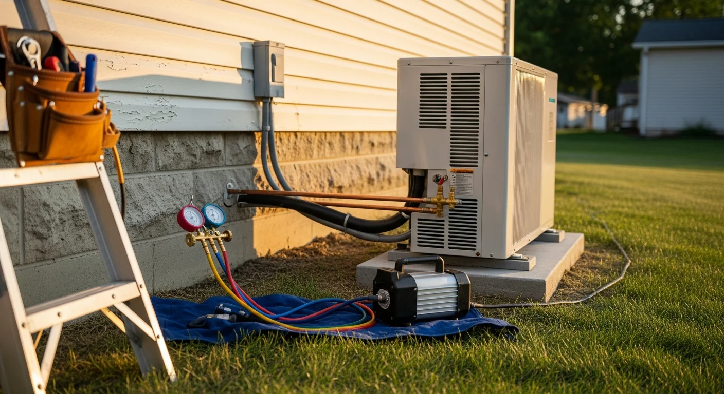 A Dean Heating And Cooling technician completing an outdoor air conditioner unit installation at a single-family home in Logan, Utah. The condenser unit is mounted on a level pad beside the house with refrigerant lines running to the exterior wall.