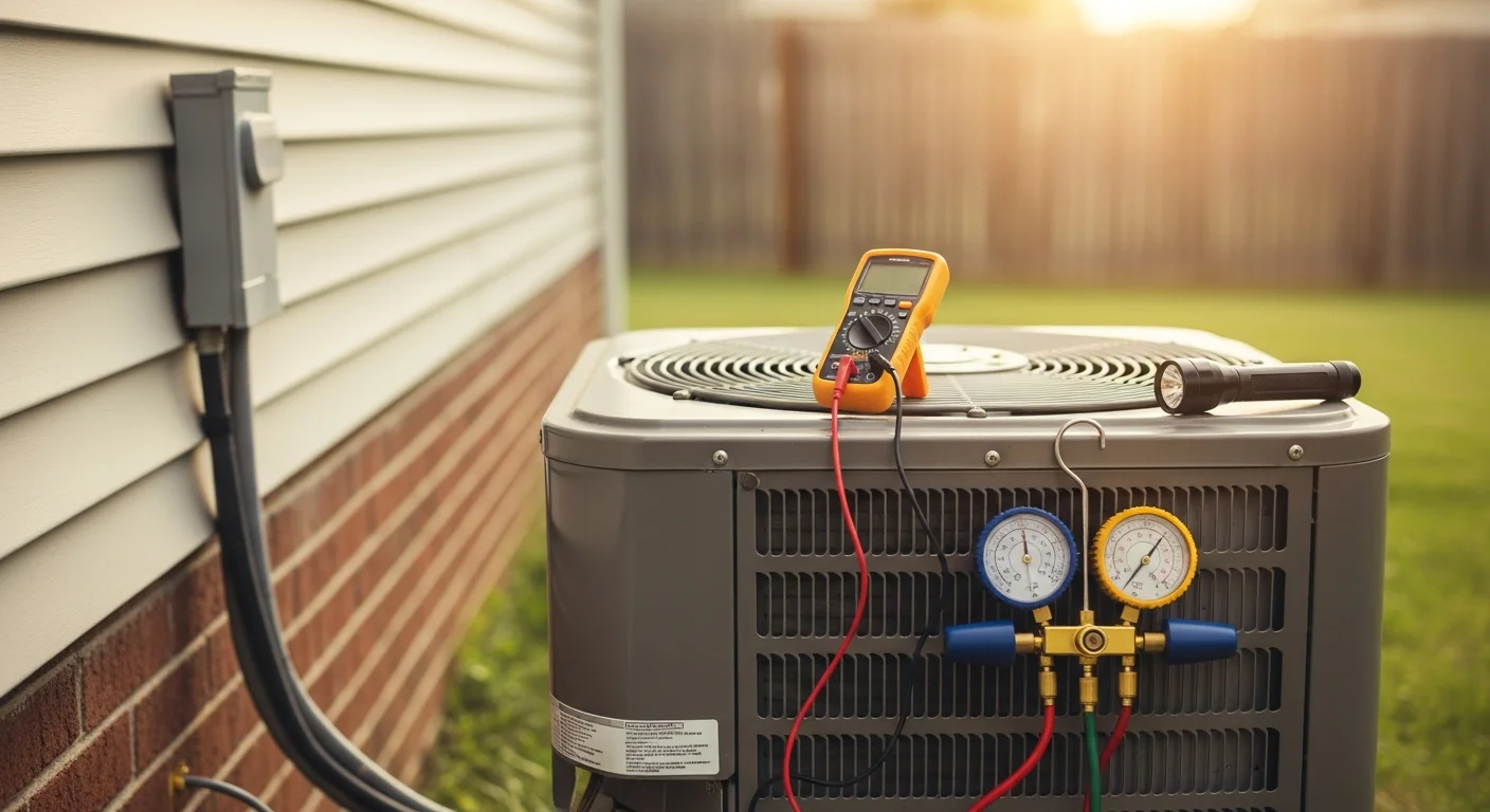 A Dean Heating And Cooling technician inspecting an outdoor central air conditioning unit at a residential home in Logan, Utah. The technician is checking internal components with the unit panel open on a clear summer day.