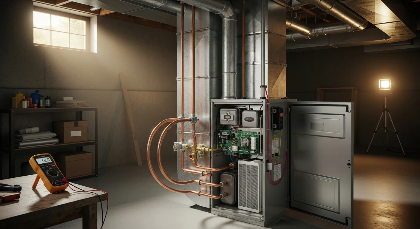 A newly installed high-efficiency furnace in the utility room of a Logan, Utah home, with clean ductwork connections and a digital thermostat visible on the wall. A Dean Heating And Cooling technician checks airflow settings after completing the Cache Valley installation.