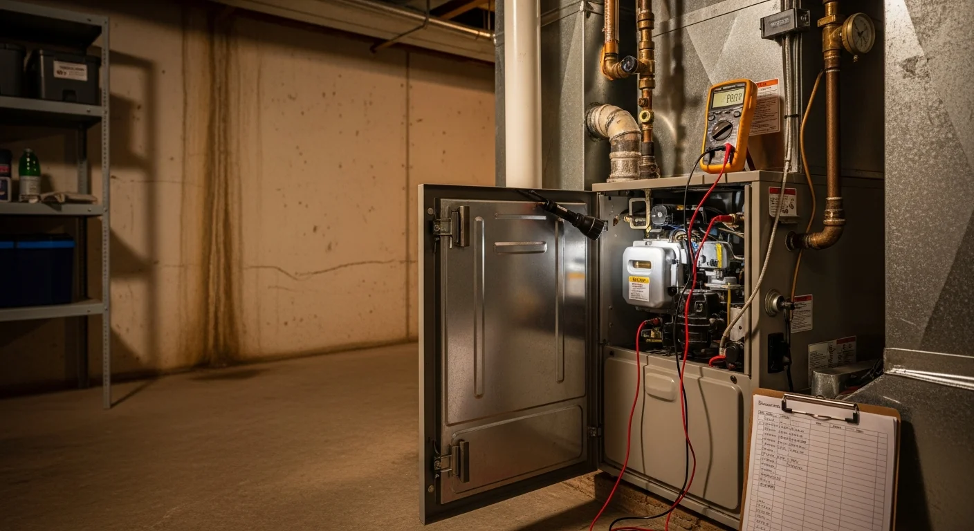 A licensed HVAC technician from Dean Heating And Cooling inspecting the interior components of a residential gas furnace in a Logan, Utah home. The technician examines the heat exchanger and ignitor in a utility room during a furnace repair service call.