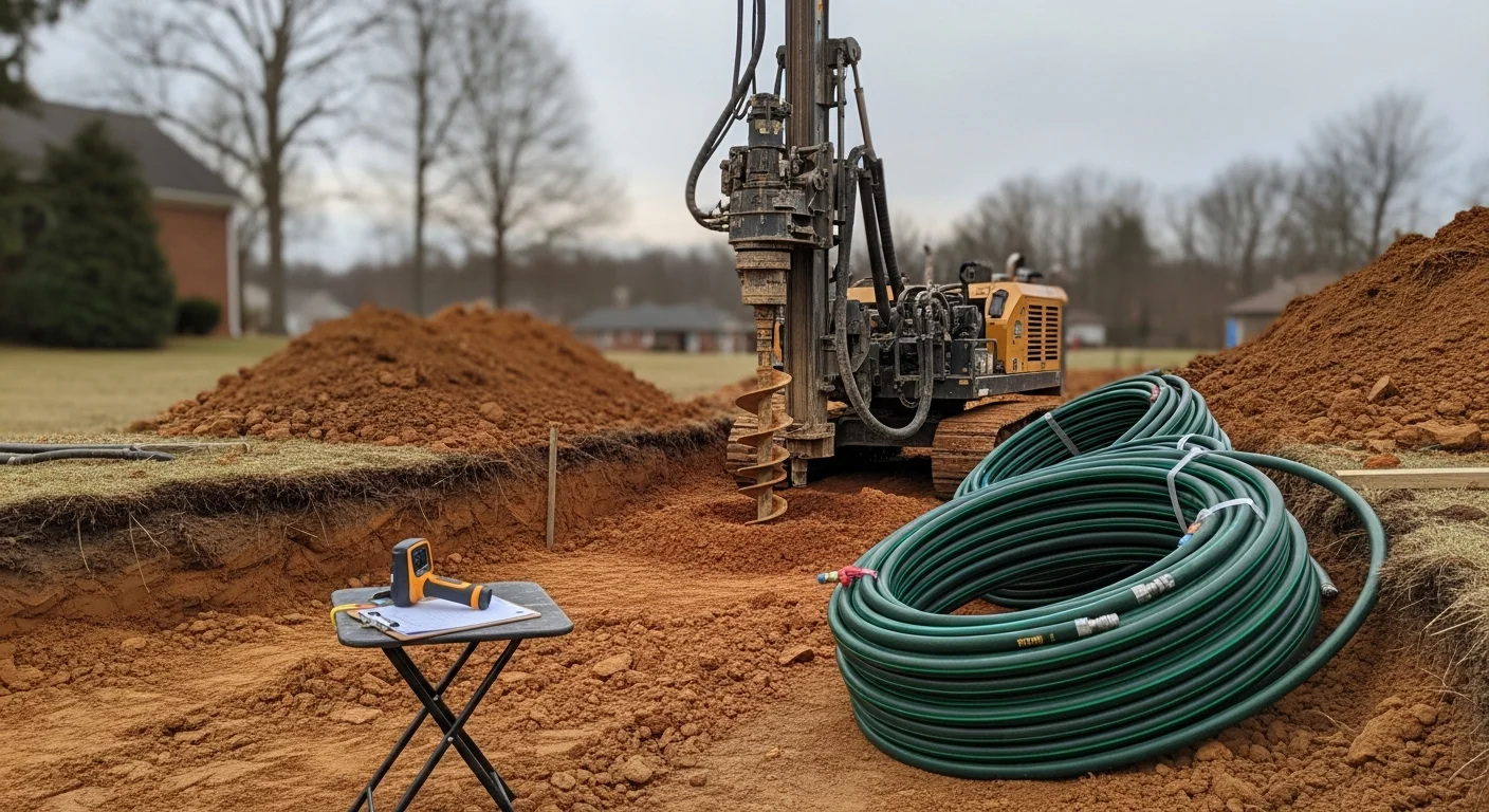 A geothermal ground loop trench being backfilled in a residential yard in Logan, Utah, with a Cache Valley hillside visible in the background. An indoor geothermal heat pump unit sits installed in a home mechanical room, connected to existing ductwork.