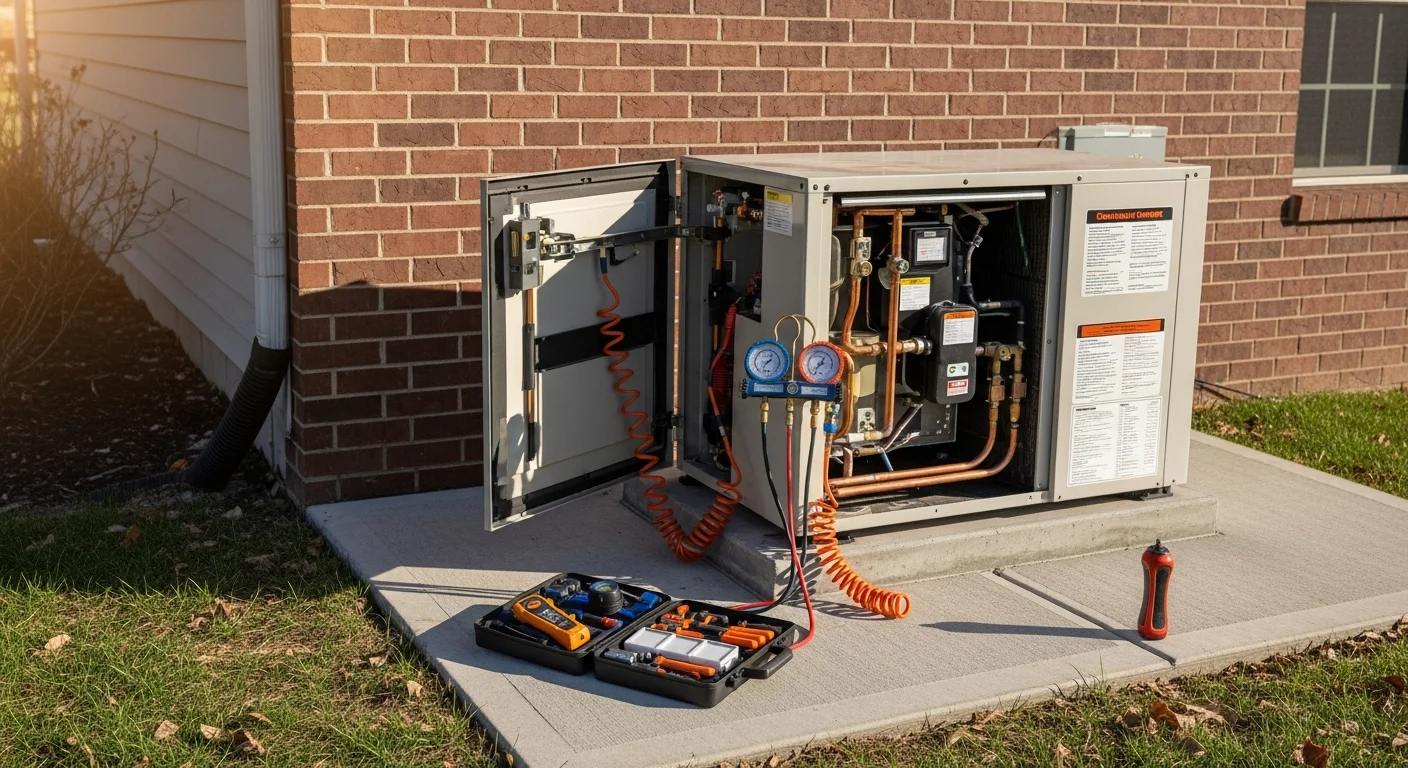 A geothermal heat pump unit installed in a Logan, Utah home utility room, with visible refrigerant lines and a clean air filter beside the unit. A technician reviews system readings on a service tablet during a routine maintenance visit.