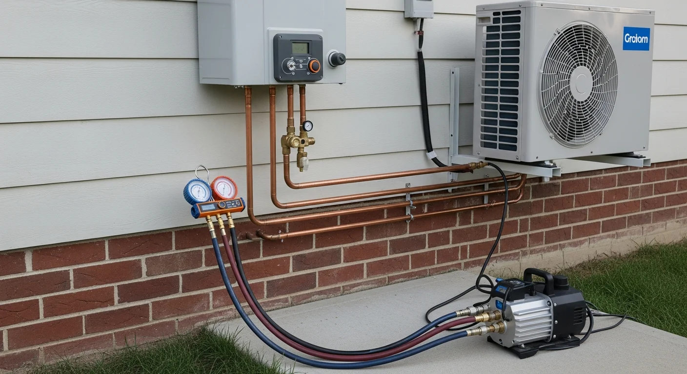 A heat pump outdoor unit installed on the side of a single-family home in Logan, Utah, with Cache Valley mountains visible in the background. A Dean Heating And Cooling technician inspects the unit during a service call.