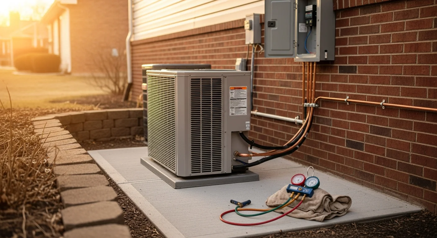 A Dean Heating And Cooling technician completing a heat pump installation at a residential property in Logan, Utah, with the outdoor condenser unit mounted on a pad beside the home. Cache Valley foothills are visible in the background.