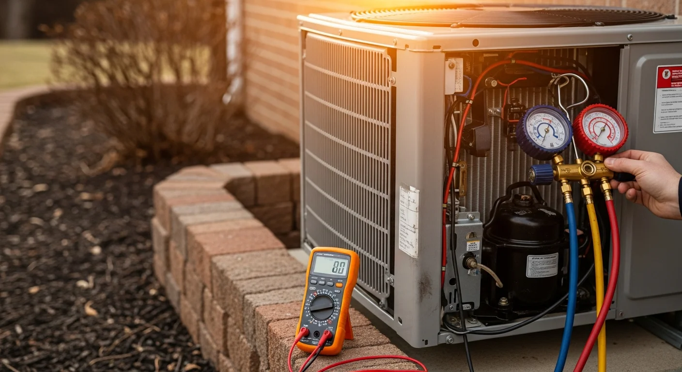 A Dean Heating And Cooling technician inspecting the outdoor unit of a residential heat pump at a Logan, Utah home. The technician checks internal components with a service tool on a clear day with Cache Valley in the background.