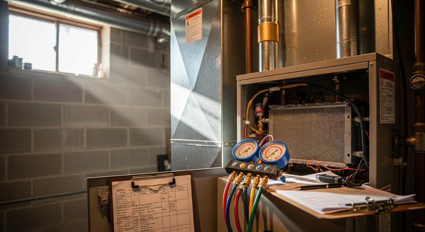 A Dean Heating And Cooling technician reviewing a residential heating system inside a Logan, Utah home during a professional heating system consultation. The technician examines the furnace unit and airflow components in a utility room setting.