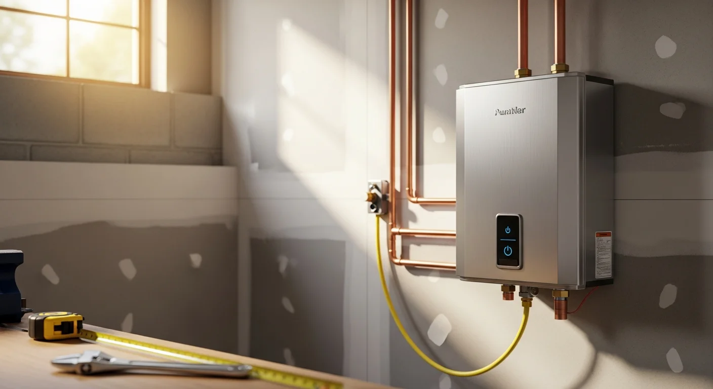 A tankless water heater mounted on a utility room wall in a Logan, Utah home, with gas supply line and venting connections visible. A Dean Heating And Cooling technician inspects the unit after installation.
