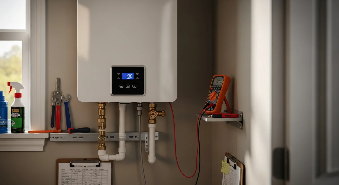 A tankless water heater mounted on an interior wall of a Logan, Utah home, with a technician from Dean Heating And Cooling inspecting the unit's connections and heat exchanger during a repair visit.