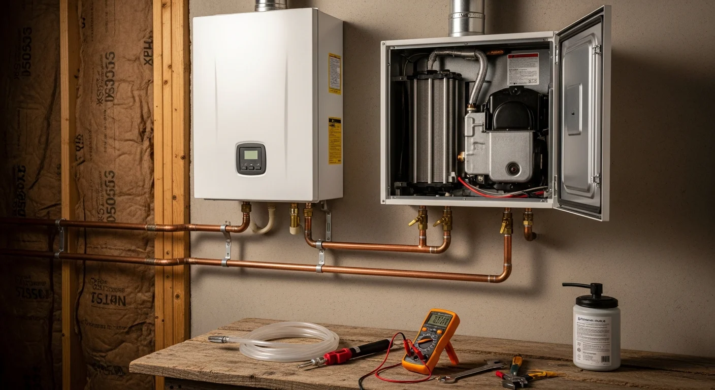 A wall-mounted tankless water heater in a Logan home utility room, with a technician from Dean Heating And Cooling inspecting the heat exchanger connections during a maintenance visit.