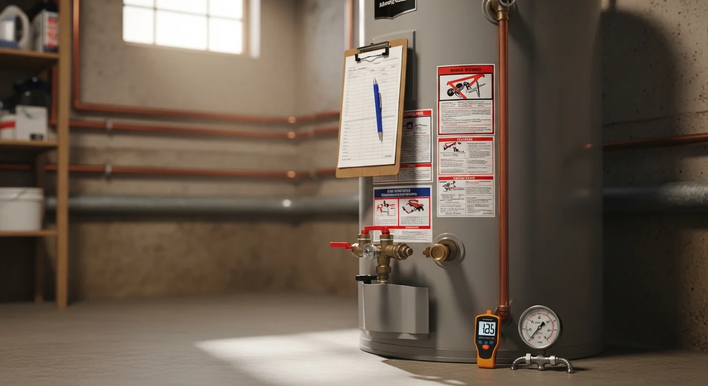 A technician from Dean Heating And Cooling inspecting a residential tank water heater in a Logan, Utah utility room. The technician checks the pressure relief valve and tank connections during a routine inspection.