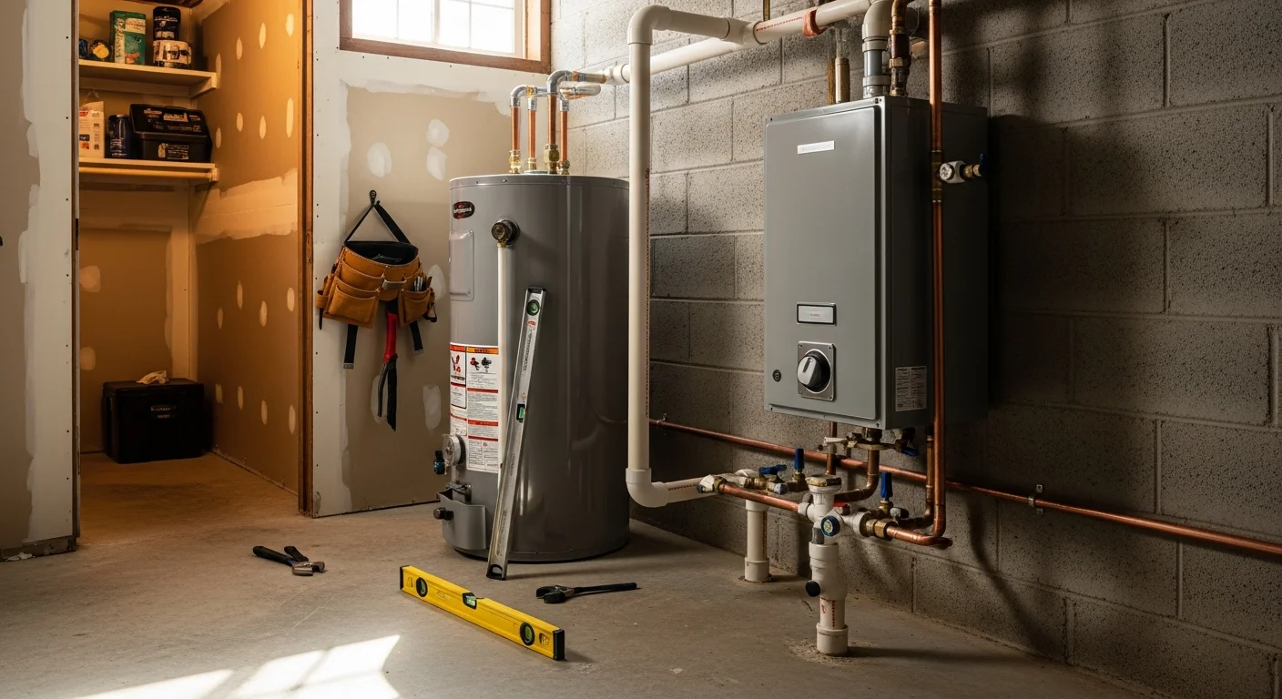 A newly installed water heater in a residential utility room in Logan, Ohio, with clean copper supply lines and a pressure relief valve in place. A Dean Heating And Cooling technician checks the connections after completing the replacement.